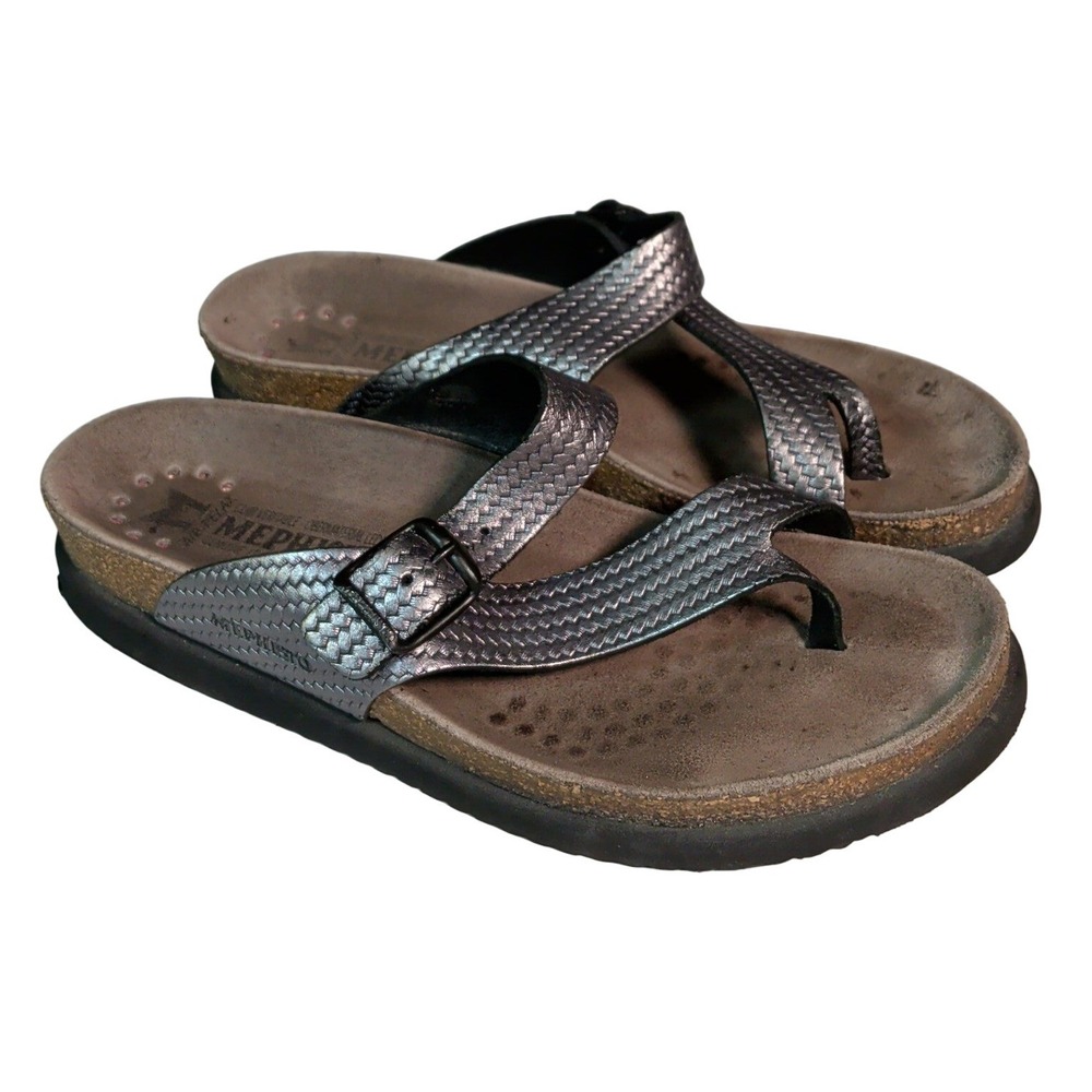 Mephisto Helen Sandals Womens Size 7.5 EU 38 Cork Midsole Silver Woven Leather